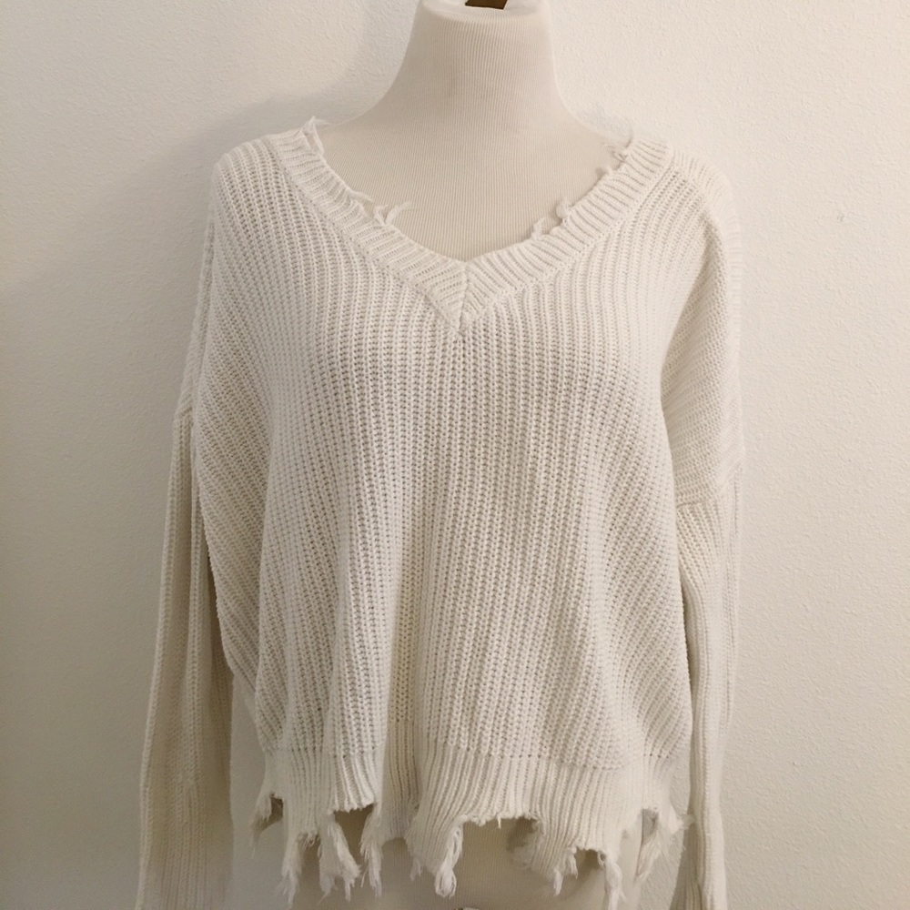 Distressed white scoop-neck sweater/ Forever 21